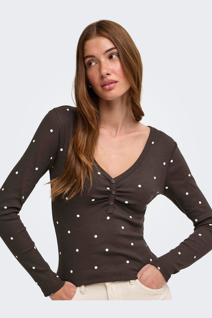 Only - Onlfenja L/S V-Neck Top - 5134740 Coffee Bean Cloud Dancer Dot