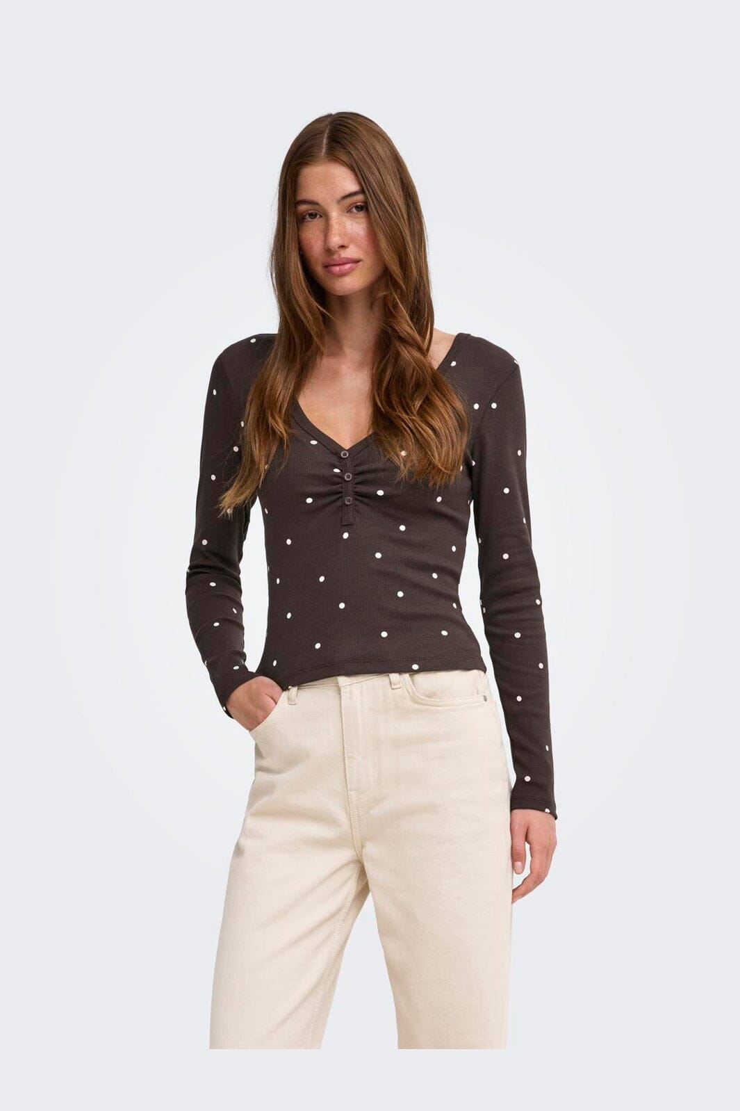 Only - Onlfenja L/S V-Neck Top - 5134740 Coffee Bean Cloud Dancer Dot