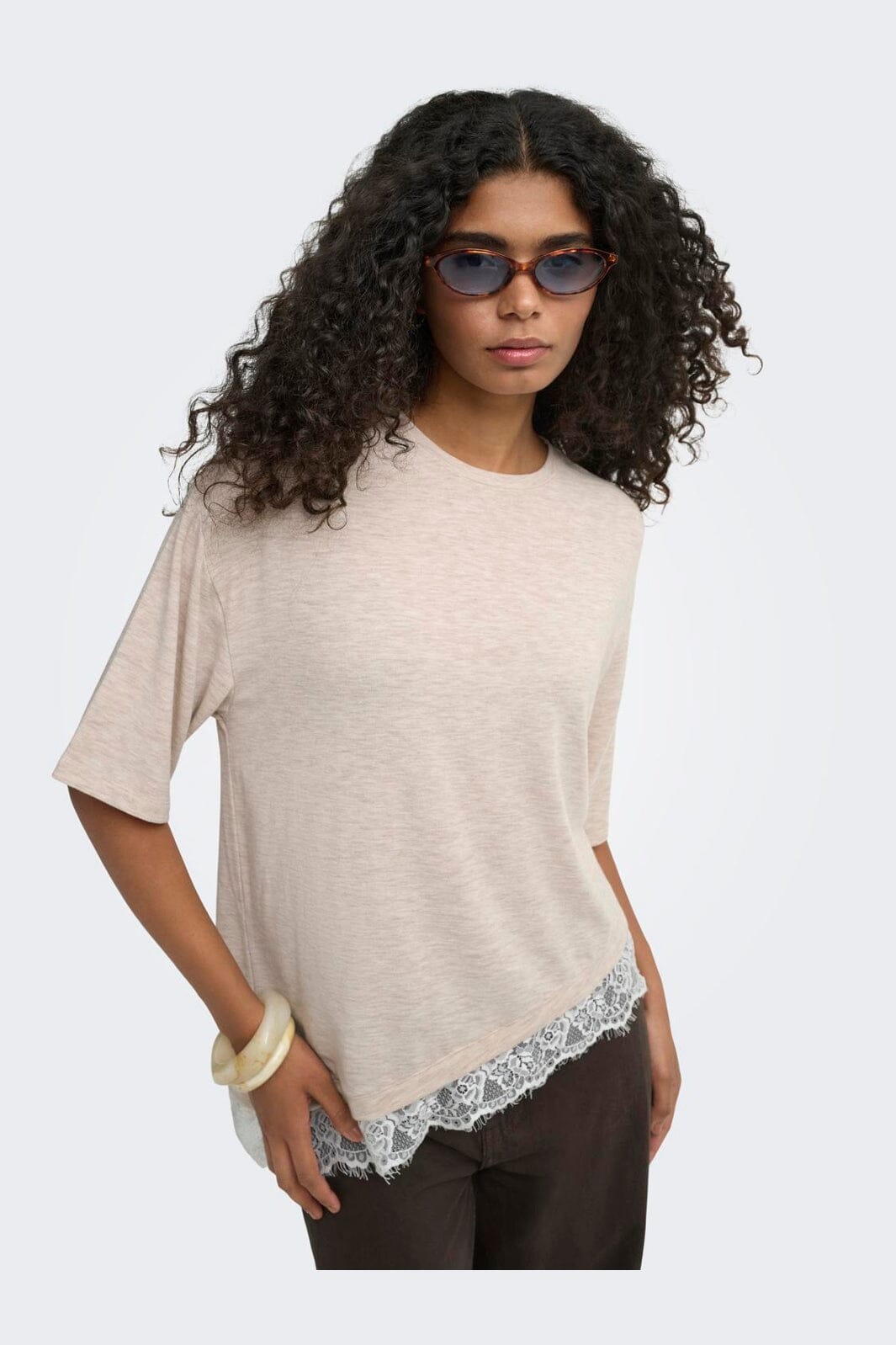 Only - Onlglamour S/S Lace T-Shirt - 5200488 Oatmeal Cd Lace