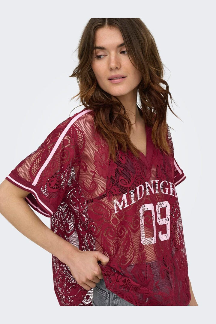 Only - Onljules S/S V-Neck Lace Top - 5130260 Tibetan Red Pale Lilac