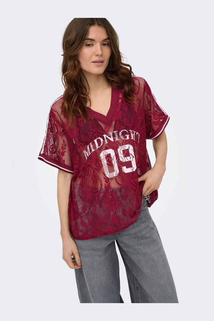 Only - Onljules S/S V-Neck Lace Top - 5130260 Tibetan Red Pale Lilac