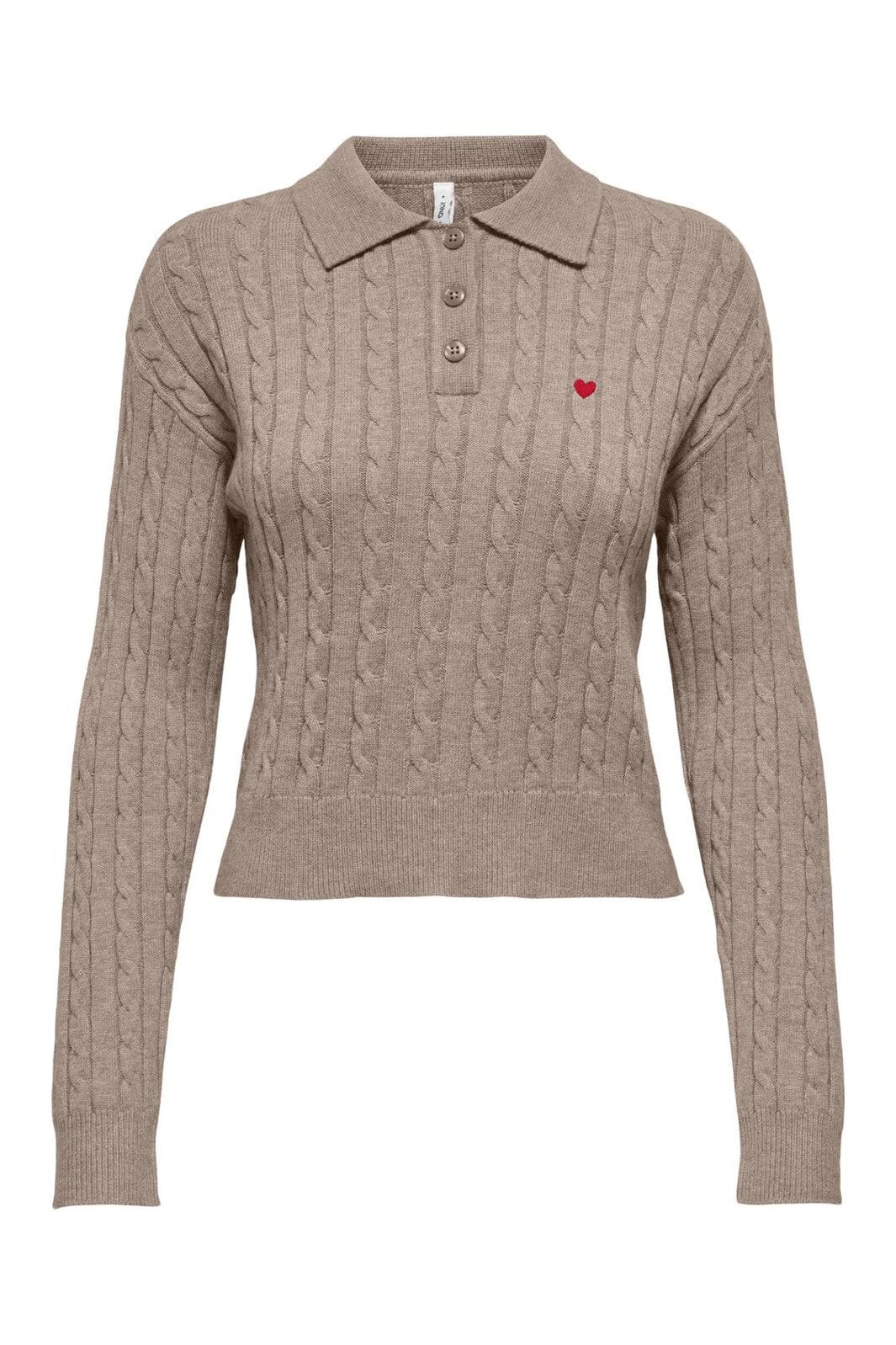 Only - Onlkatia Ls Cable Polo Cc Knt - 4959338 Mocha Meringue Mel/True Red Heart Emb/Dtm Button