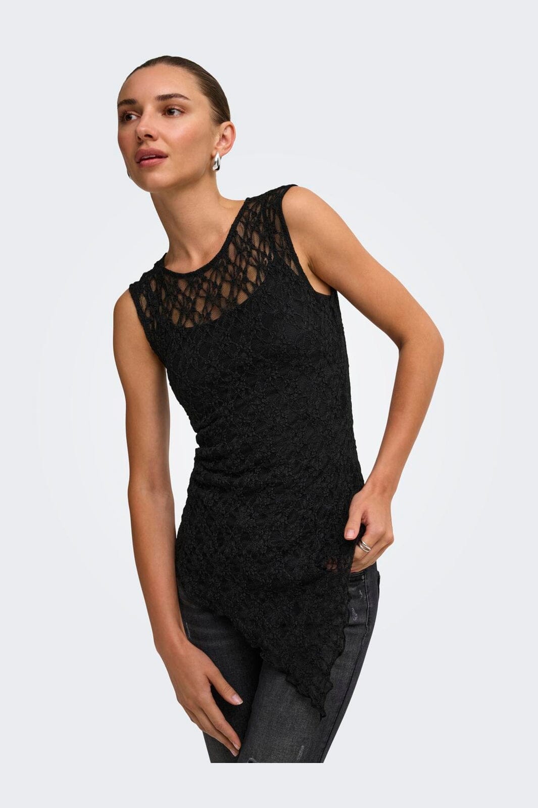 Only - Onlliva S/L Asymmetric Lace Top - 5163398 Black
