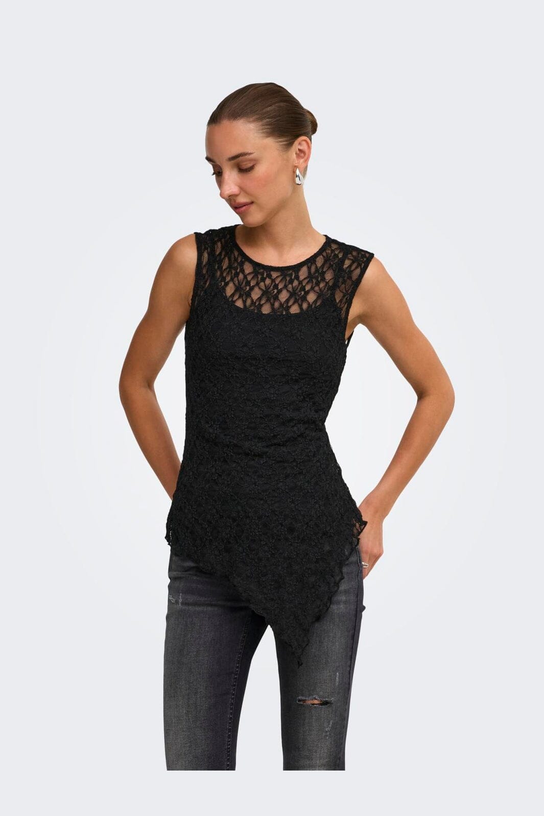 Only - Onlliva S/L Asymmetric Lace Top - 5163398 Black