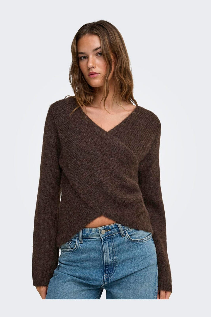 Only - Onlmaggie Ls Cross V-Neck Cc Knt - 5027929 Coffee Bean Melange