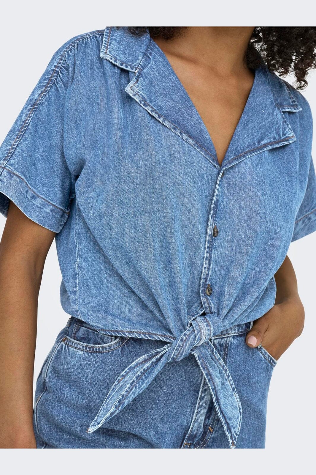 Only - Onlpaula S/S Tie Shirt Akm - 4869974 Medium Blue Denim