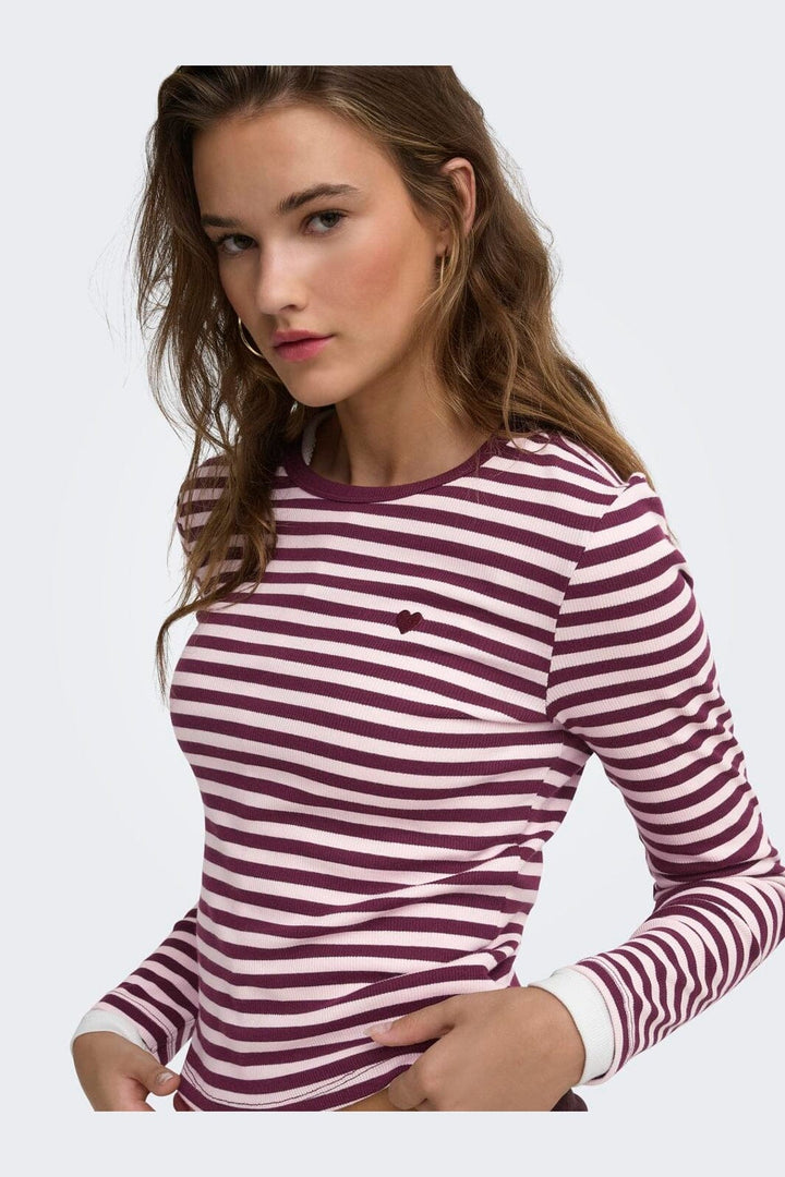 Only - Onlval L/S O-Neck Stripe Top - 5084119 Fig Pale Lilac (Mette) + Emb. Heart