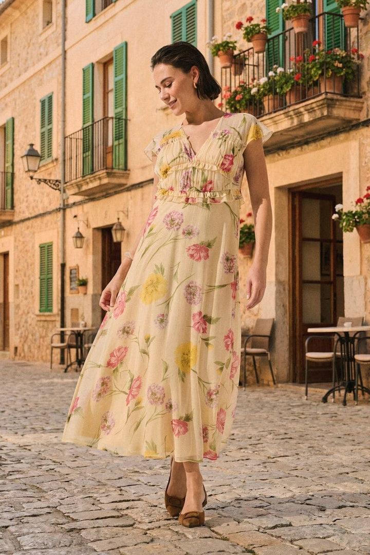 Only - Onlvalda S/S Long Frill Dress - 5092538 Sandshell Big Multi Flower Kjoler 