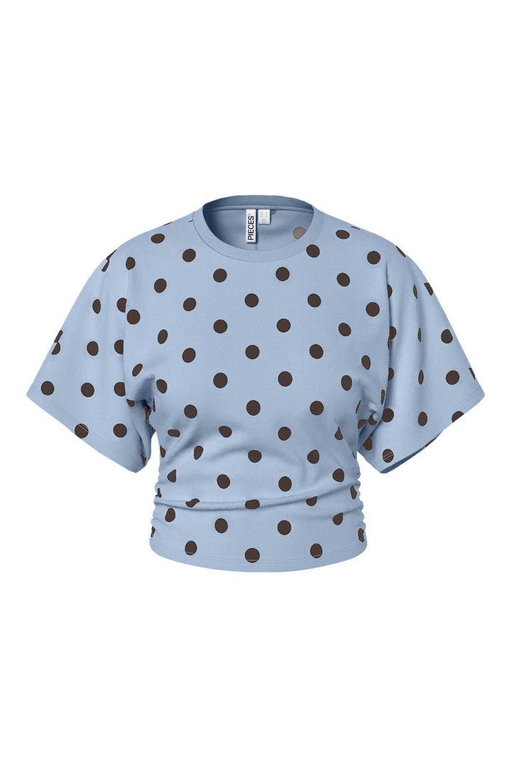 Pieces - Pcalli Ss O-Neck Top Dm - 5217128 Cashmere Blue Dots - Hot Fudge