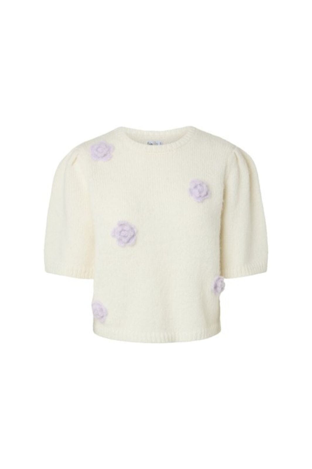Pieces - Pcaya 2/4 O-Neck Knit - 5121428 Cloud Dancer Light Lilac Flowers Strikbluser 