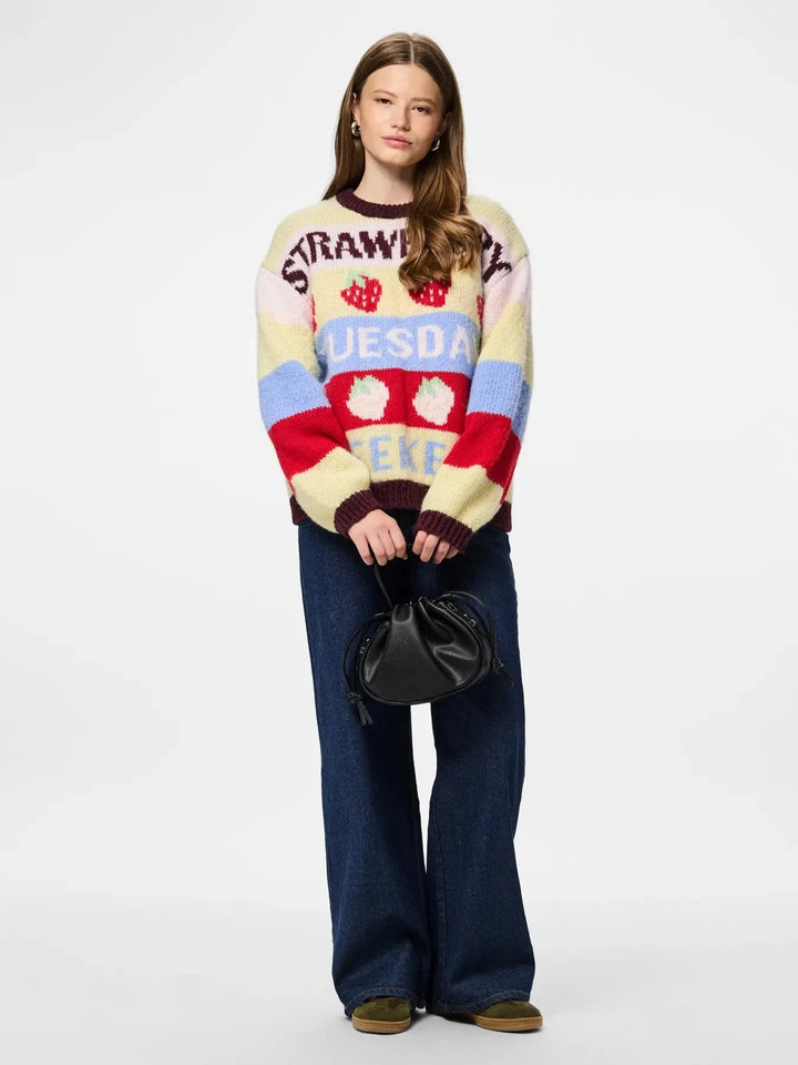Pieces - Pcbikka Ls O-Neck Knit - 4949295 French Vanilla Multicolor Statements Strikbluser 