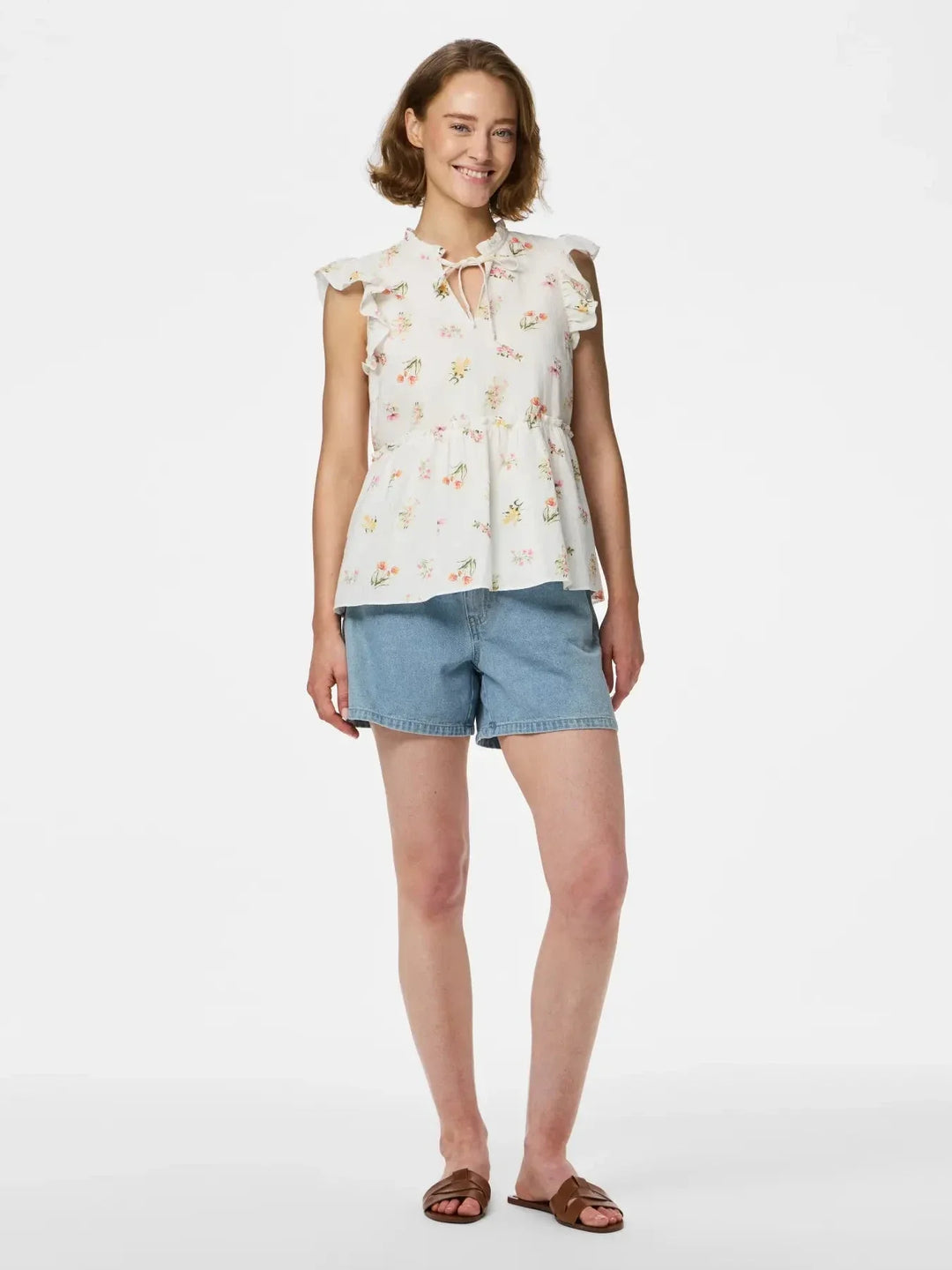 Pieces - Pcemma Sl Top - 4904214 Bright White Flower Toppe 