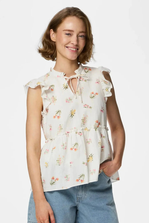 Pieces - Pcemma Sl Top - 4904214 Bright White Flower Toppe 