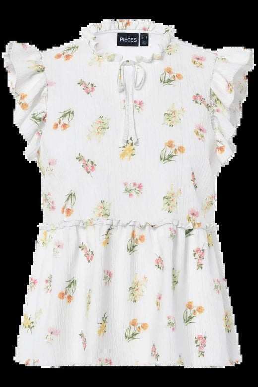 Pieces - Pcemma Sl Top - 4904214 Bright White Flower Toppe 