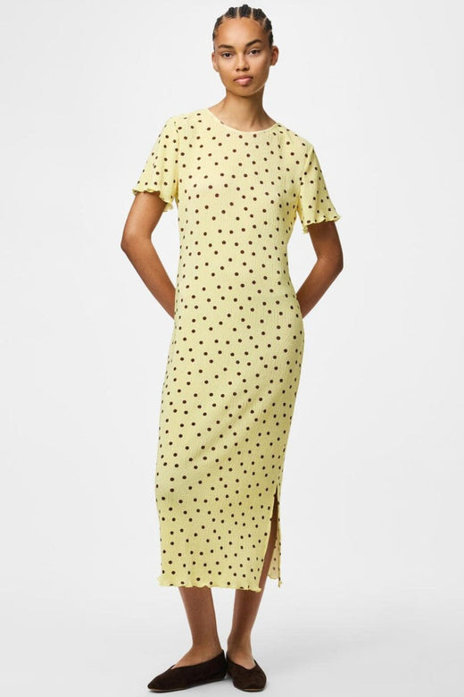 Pieces - Pcflora Ss Midi Dress Cp - 5017914 French Vanilla Brown Polka Dots