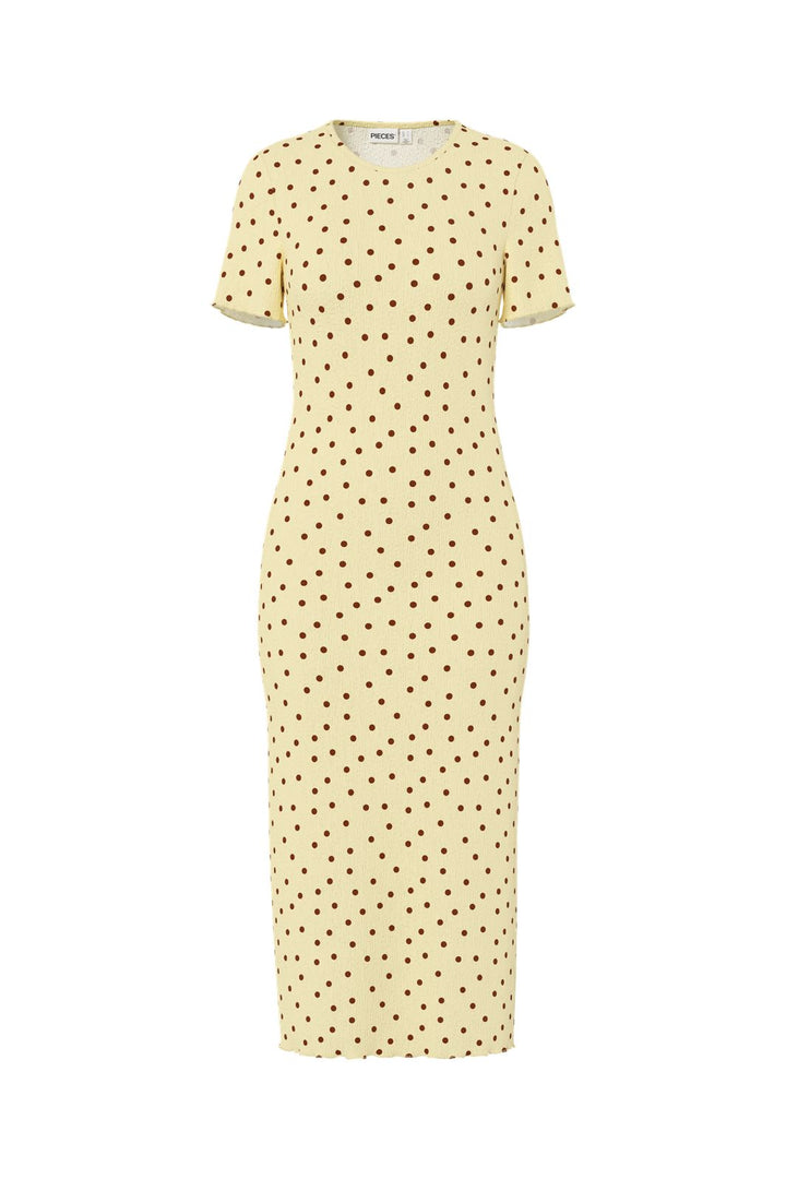 Pieces - Pcflora Ss Midi Dress Cp - 5017914 French Vanilla Brown Polka Dots