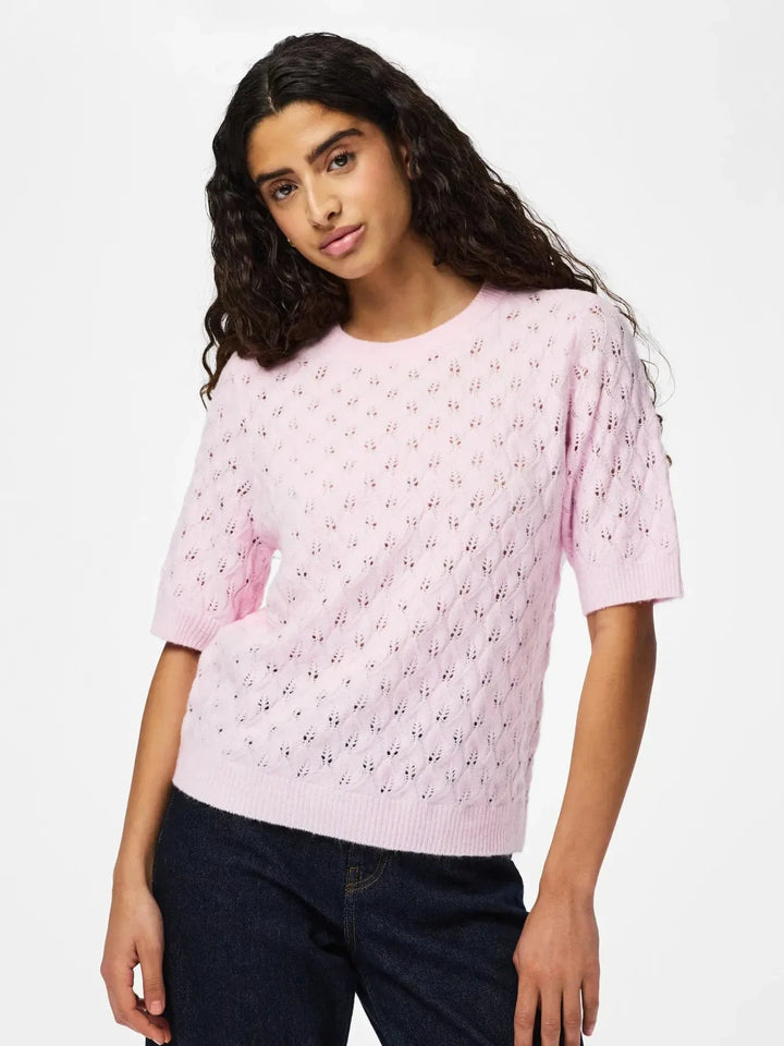 Pieces - Pclelou Ss O-Neck Knit - 4941341 Roseate Spoonbill Melange Strikbluser 