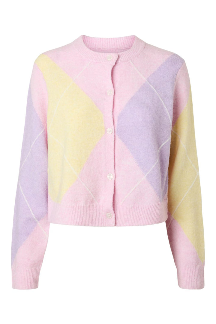 Pieces - Pcsally Ls Knit Check Cardigan - 5133923 Roseate Spoonbill Yellow/Birch/Purple