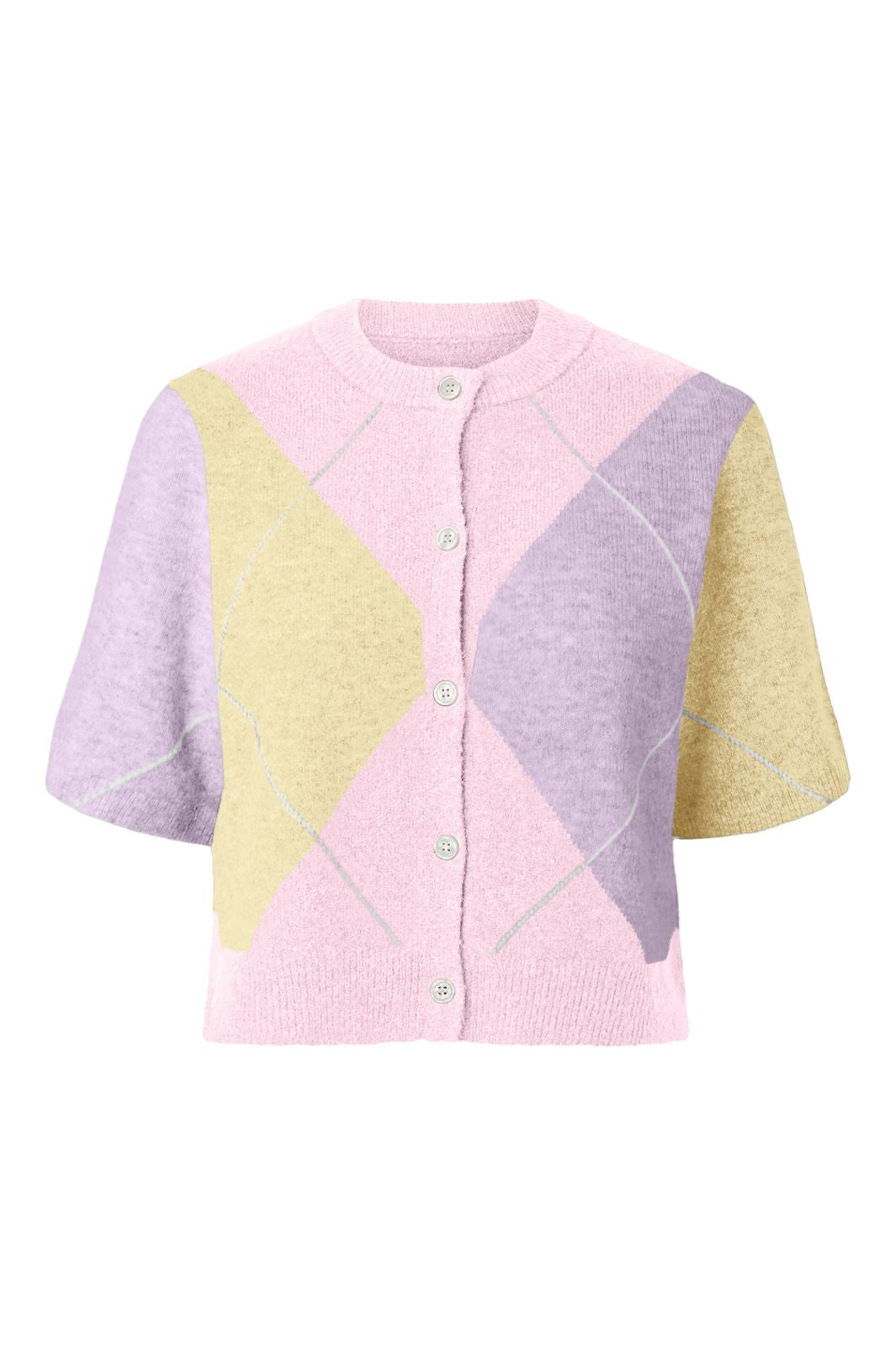 Pieces - Pcsally Ss Knit Check Cardigan - 5133917 Roseate Spoonbill Yellow/Birch/Purple