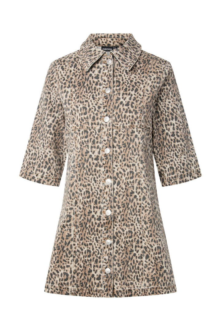 Pieces - Pcsalume 3/4 Denim Dress - 5050086 Birch Leo Print / Washed