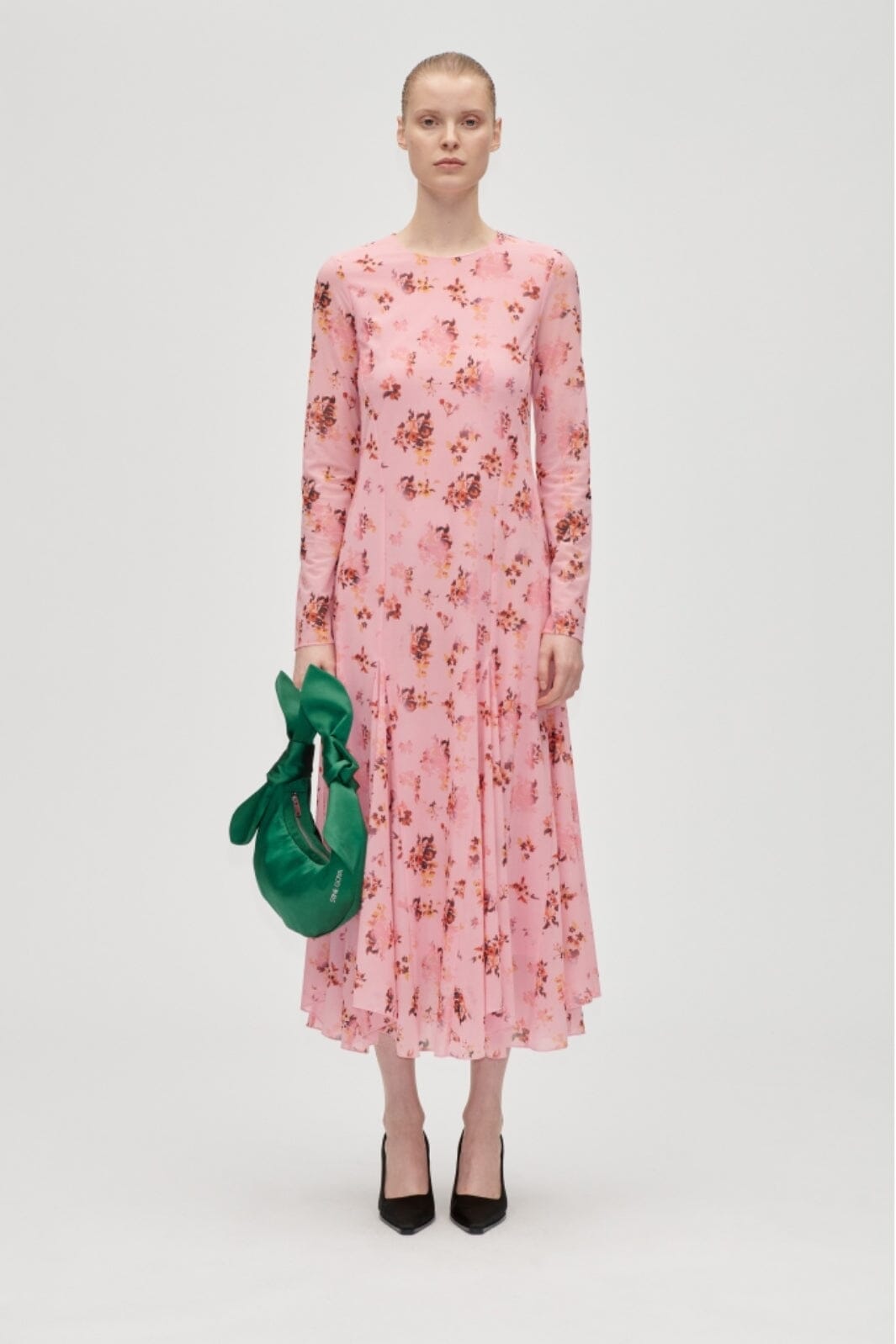 Stine Goya - 2408 Sheer Ruffling Jersey, Long Sleeve Ruffling Midi Dresssg-aw25-d161-2408 - Pink Magnolias