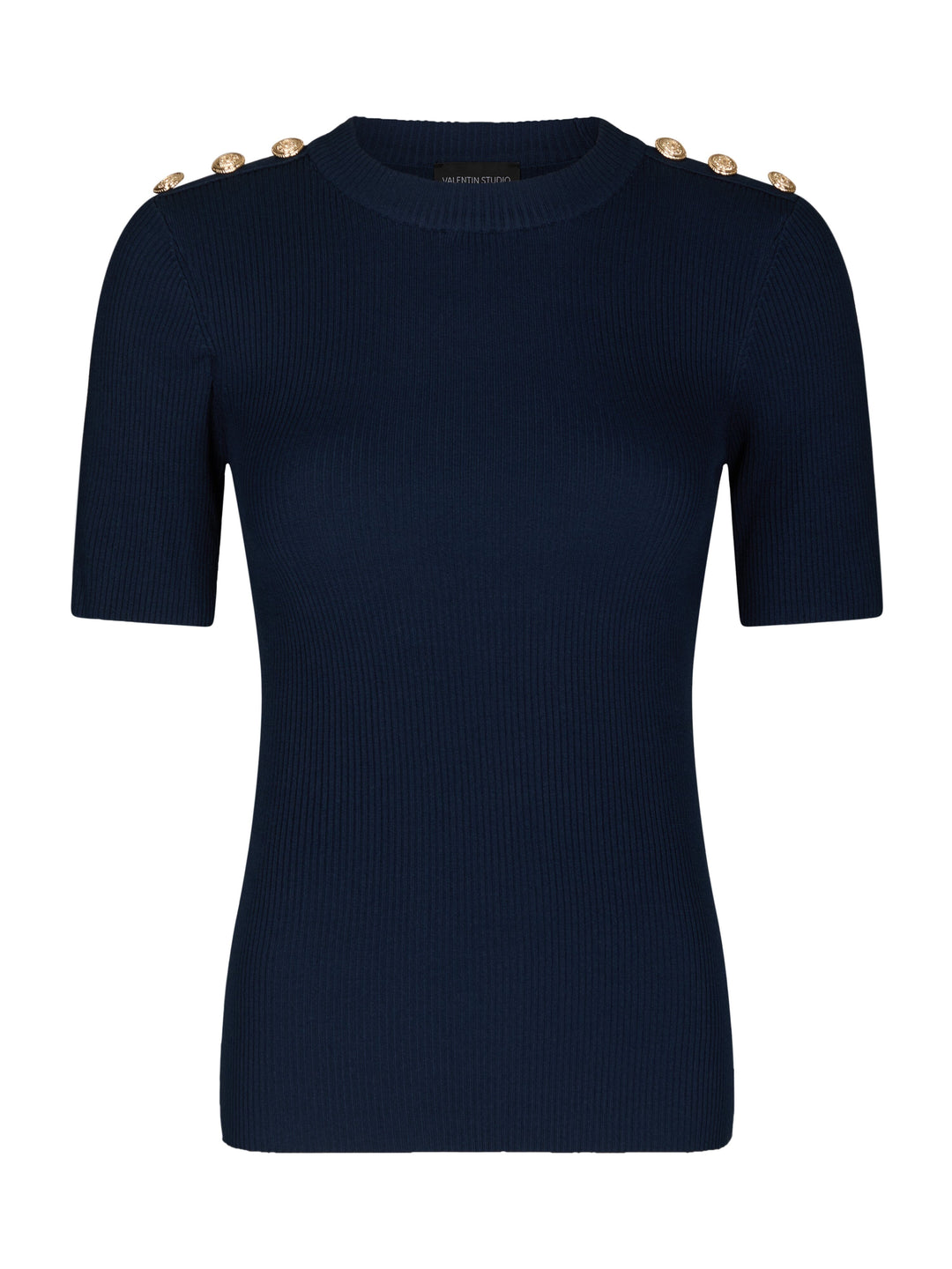 Valentin Studio - Gold Button Knit T-Shirt 160916 - 141 - Navy Strikbluser 
