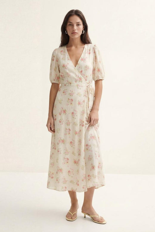 Vero Moda - Vmbella 2/4 V-Neck Wrap 7/8 Dress - 5037521 Birch Pink Bella Flower