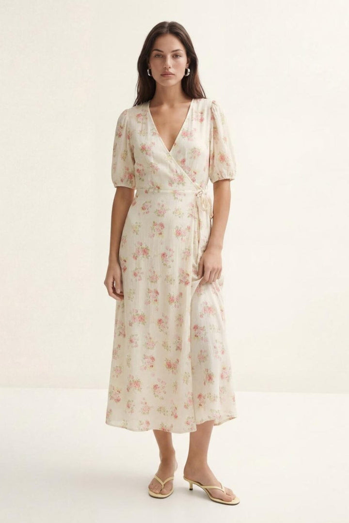 Vero Moda - Vmbella 2/4 V-Neck Wrap 7/8 Dress - 5037521 Birch Pink Bella Flower