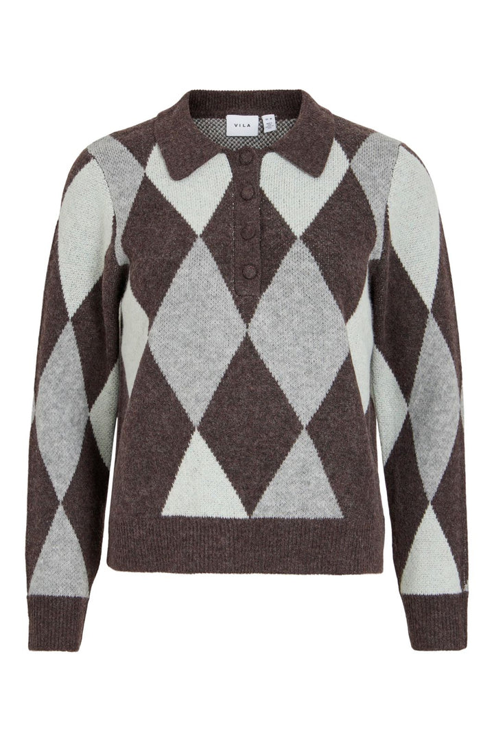 Vila - Vikaylo Polo L/S Check Knit Top - 5119902 Raisin Green Lily/Lgm